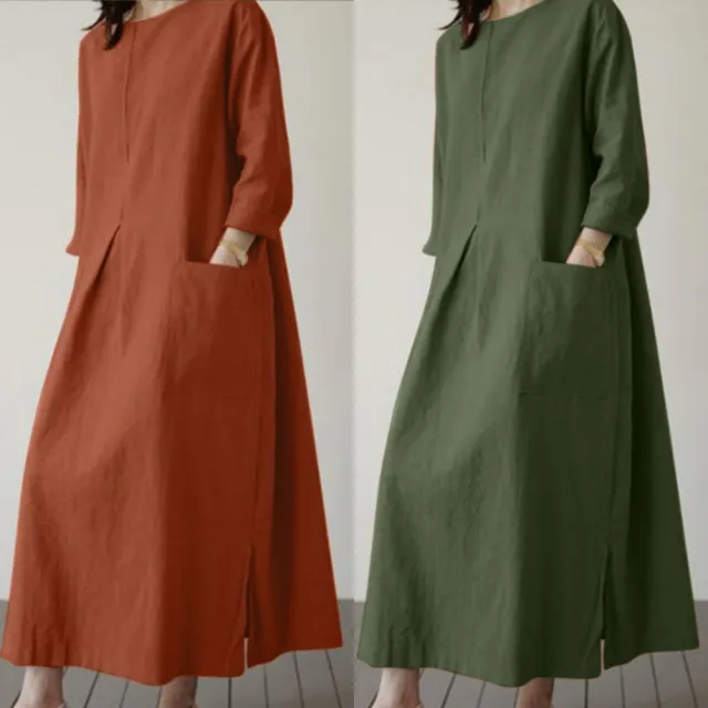 【巴黎精品】現貨限搶 女連身裙亞麻棉麻洋裝大尺碼寬鬆長裙A字裙休閒女裝(長袖太陽裙女裙子3款b1a26)