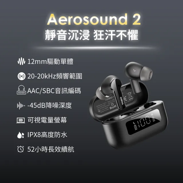 【TOZO】AeroSound2 ANC主動式降噪無線藍牙耳機(入耳式/降噪-45dB/低延遲/電量顯示/專屬APP/原廠公司貨)