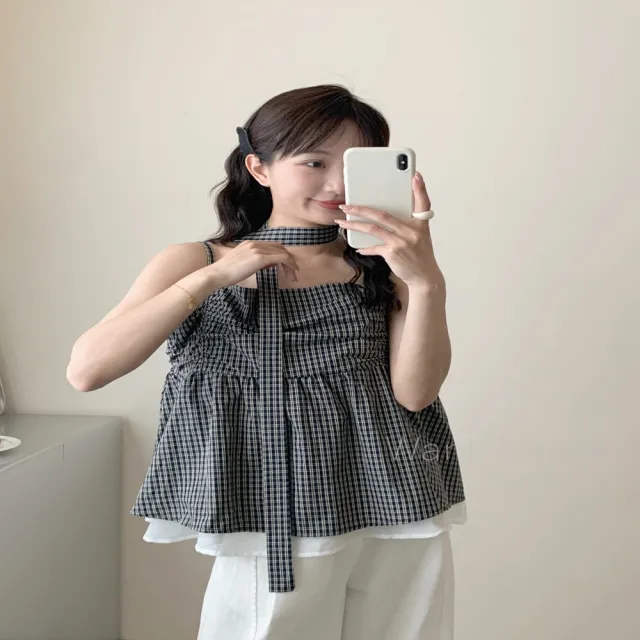 【Want-Meow】台灣㊣現貨☆90公斤可穿/雙層抽褶細肩帶背心格紋細肩背心/抓皺上衣/可調肩帶/中大尺碼