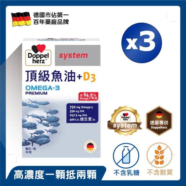 【Doppelherz 德之寶】頂級魚油+D3膠囊60粒x3盒(德國雙心)