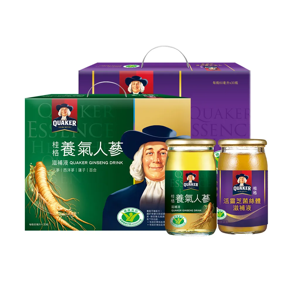 【QUAKER 桂格】養氣人蔘滋補液60ml×30入+活靈芝滋補液60ml×30入(共60入)