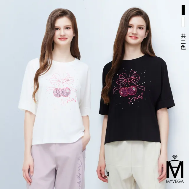 【MYVEGA 麥雪爾】MA嫘縈櫻桃亮鑽蝴蝶結落肩上衣-共二色(女上衣/短袖上衣/彈力T)