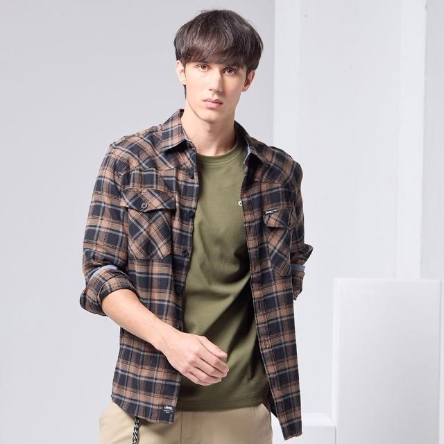 【JEEP】男裝 經典美式雙口袋格紋長袖襯衫(橘藍色)