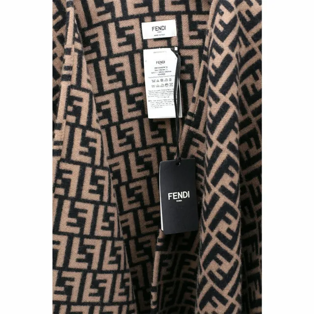 【FENDI 芬迪】喀什米爾x羊毛 FF緹花字母流蘇斗篷披肩 圍巾(棕色)