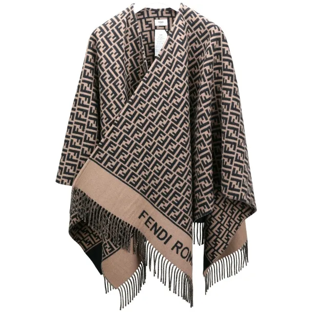 【FENDI 芬迪】喀什米爾x羊毛 FF緹花字母流蘇斗篷披肩 圍巾(棕色)