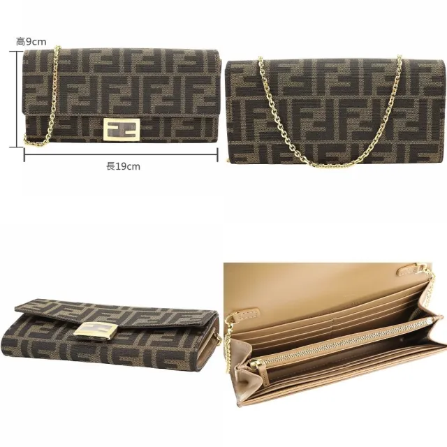 【FENDI 芬迪】Baguette FF 壓花小牛皮 老花帆布 翻蓋鍊帶長夾 斜背包-多色可選