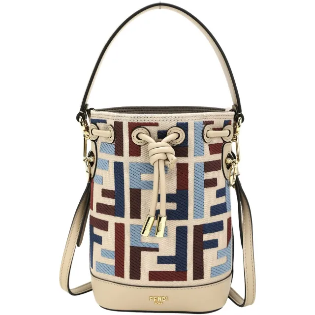 【FENDI 芬迪】Mon Tresor FF彩色刺繡帆布牛皮手提 斜背水桶包(迷你 米色)