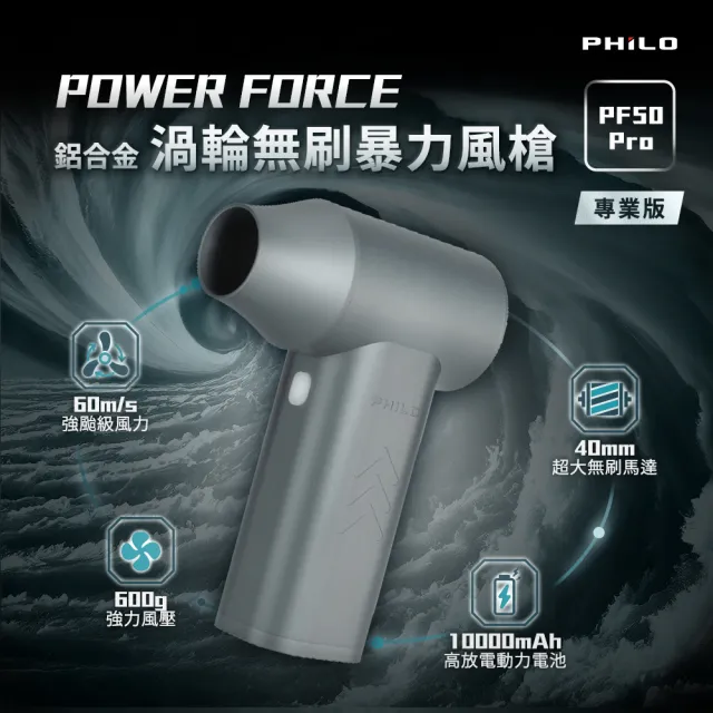 【Philo 飛樂】2入組 PF50 Pro 專業版鋁合金 渦輪無刷 暴力風槍(強風機/吹塵器/暴風槍/除塵槍/吹水機)