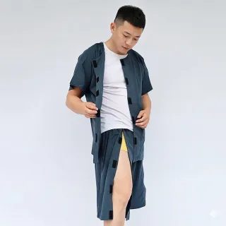 【B+ 大尺碼專家】(上衣+短褲) 護理服 男女適用 易穿脫 黏貼式 全開 夏季 棉 套裝 (A020202)