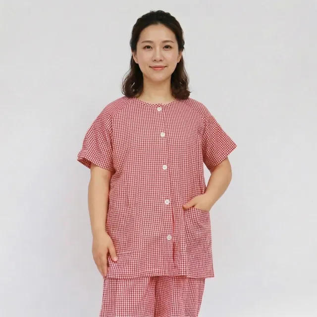 【B+ 大尺碼專家】(上衣+短褲) 護理服 女款 易穿脫 黏貼式 全開 夏季 全棉 套裝 (A010201)