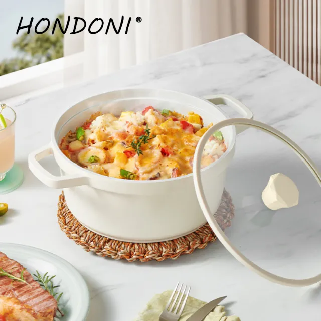 【HONDONI】日式琺瑯陶瓷雙耳湯鍋24公分含玻璃蓋不挑爐具KW-24 白色(台灣SGS檢驗合格)