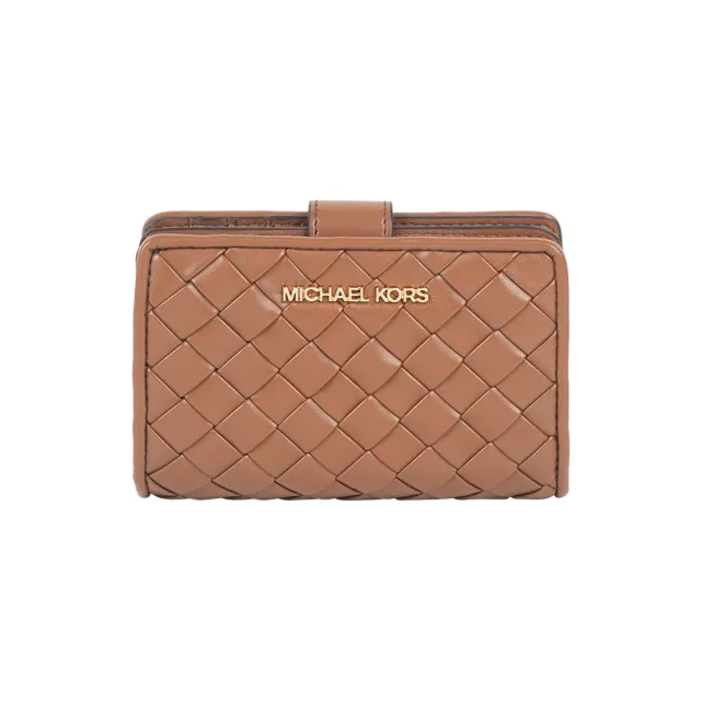 【Michael Kors】金字編織皮革釦式二折中夾(焦糖色)