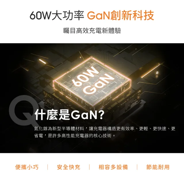 【YOMIX 優迷】60W GaN氮化鎵迷你雙孔快充充電器(Type-C/USB-A/PD3.0/筆電快充/充電頭)