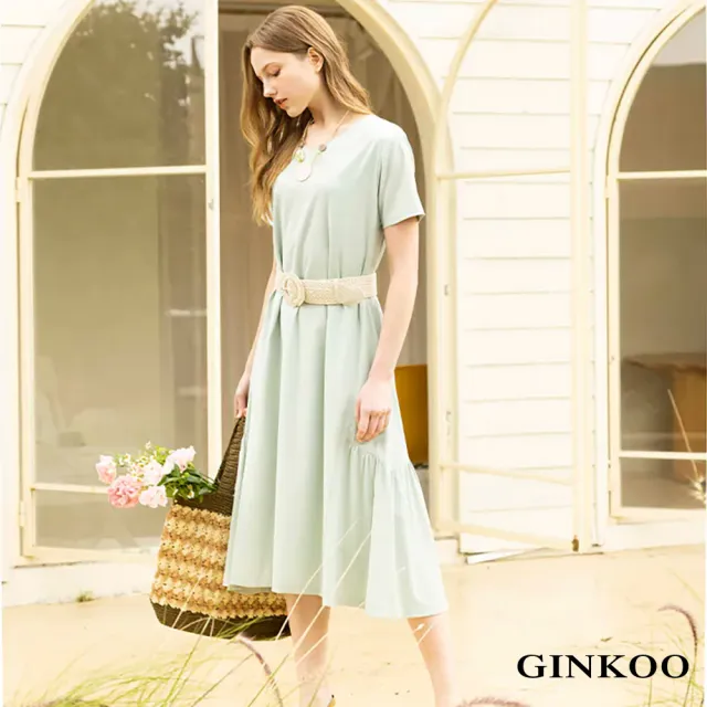 【GINKOO 俊克】V領抽皺剪接長洋裝(其他規格)