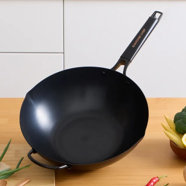 【DIAMOND CHEF】無塗層窒化鐵炒鍋32cm(不易生鏽/IH爐可用/鐵鍋/深炒鍋)