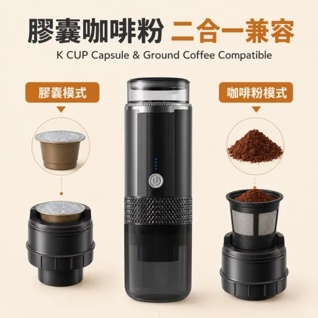 無線電動美式濃縮膠囊咖啡機(粗細調節 可研磨細粉 咖啡磨豆機 細膩口感 手沖咖啡 辦公室 露營)