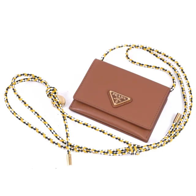 【PRADA 普拉達】經典三角LOGO鍊條掛飾L型鈔票零錢短夾(咖)