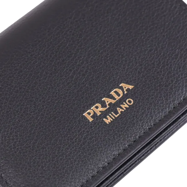 【PRADA 普拉達】經典燙金LOGO小生皮對折扣式零錢短夾(黑)