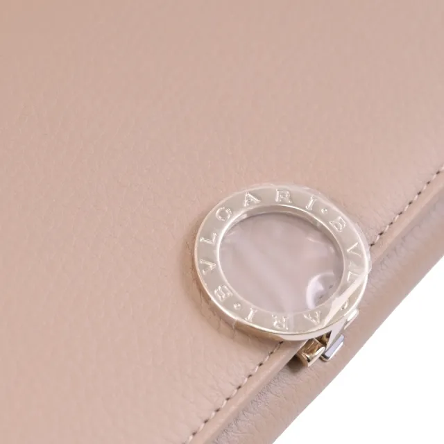 【BVLGARI 寶格麗】金屬釦刻印LOGO小牛皮翻蓋發財零錢長夾(淺褐)