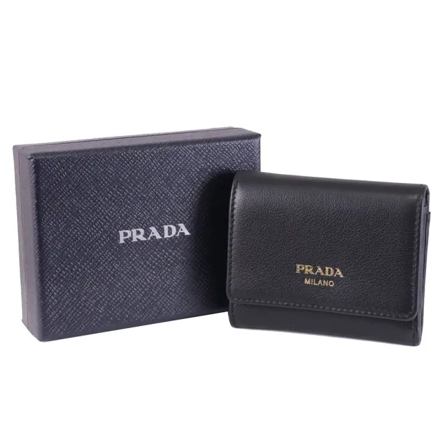 【PRADA 普拉達】經典燙金烙印LOGO小牛皮三折零錢短夾(黑)
