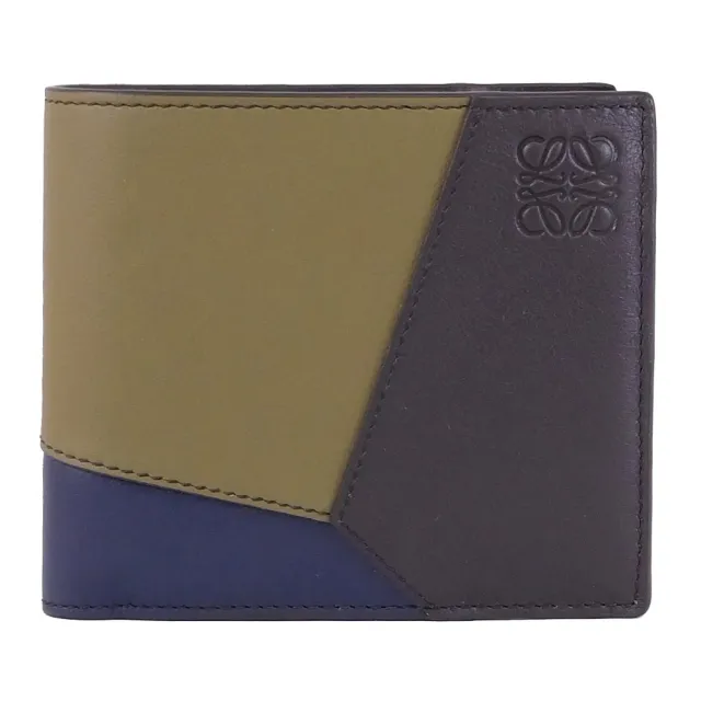 【LOEWE 羅威】PUZZLE 經典烙印LOGO撞色拼接4卡零錢短夾(綠藍)