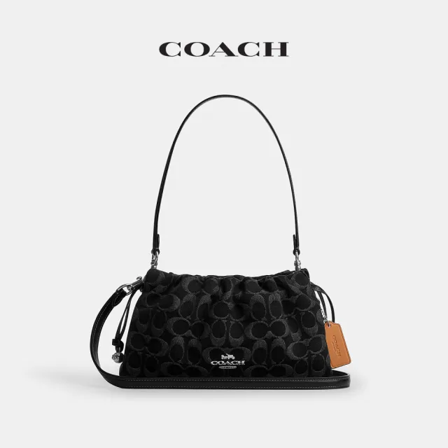 【COACH】蔻馳官方直營 FAYE 經典SIGNATURE丹寧布單肩手袋 單肩包 拉繩包 斜背包-SV/黑色(CDB93)