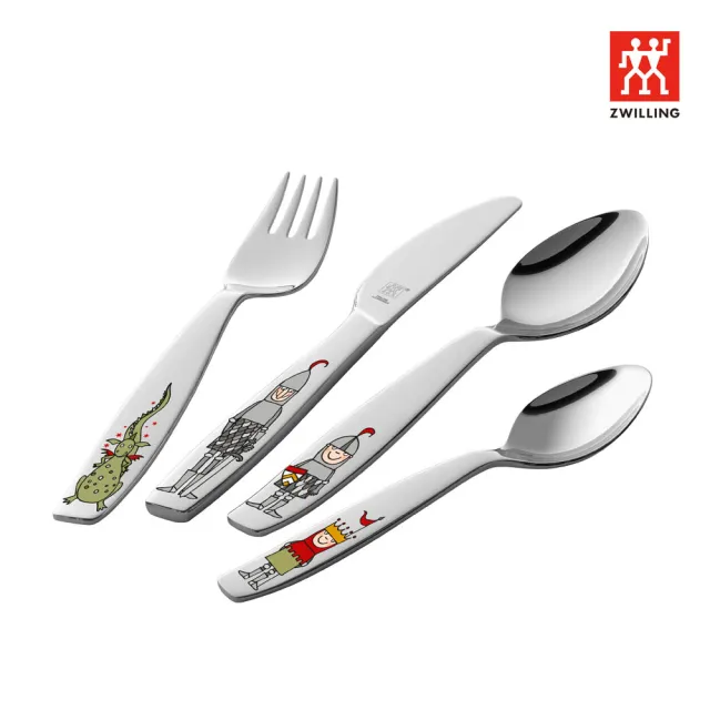 【ZWILLING 德國雙人】不鏽鋼兒童餐具4件組 騎兵恐龍款-安全餐具/湯匙/叉子/餐刀(德國雙人牌集團官方直營)