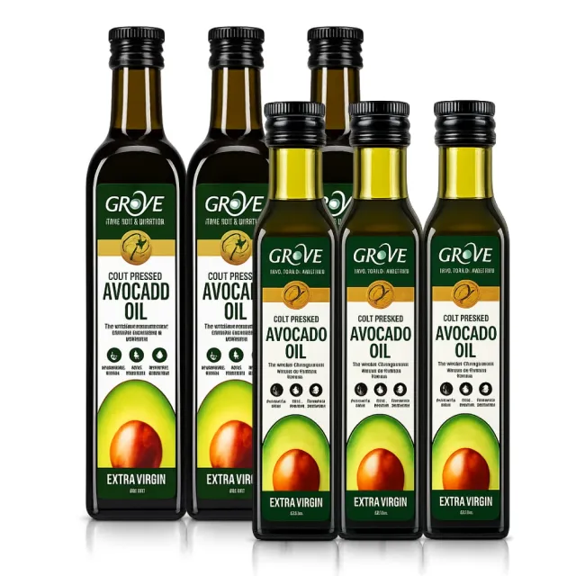 【GROVE 克羅福】紐西蘭第一品牌 頂級冷壓初榨酪梨油 原味 Avocado Oil 250ml*3瓶 + 500ml*3瓶雙11