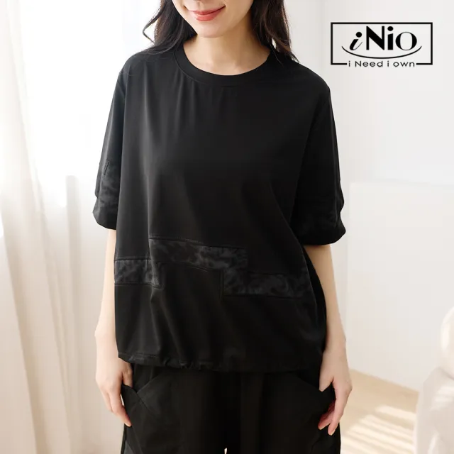 【iNio 衣著美學】材質拼接抽繩縮口短袖上衣 女短袖上衣 異材質拼接 抽繩縮口 圓領棉T  CHW1082