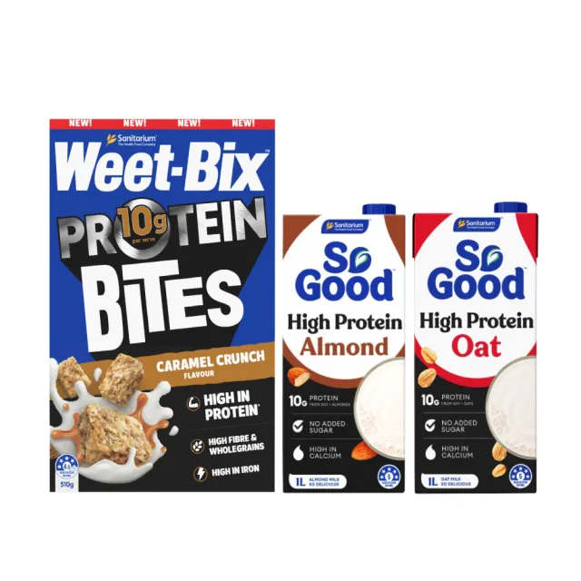 【Weet-Bix】高蛋白能量組(高蛋白焦糖脆麥*1高蛋白杏仁奶*1高蛋白燕麥奶*1)