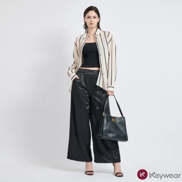 【KeyWear 奇威名品】網路獨家光澤感時尚寬褲/剪裁設計西裝寬褲(精選兩款)