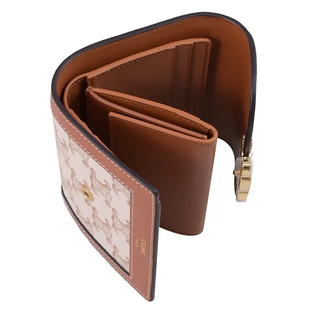 【CELINE】TRIOMPHE 品牌LOGO凱旋門印花釦式零錢短夾(棕)
