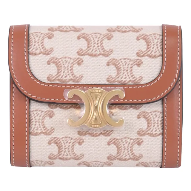 【CELINE】TRIOMPHE 品牌LOGO凱旋門印花釦式零錢短夾(棕)