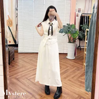 【my stere 我的時尚秘境】領巾束腰兩件式長裙套裝 白色 白色套裝 棉麻套裝 兩件式套裝 襯衫套裝