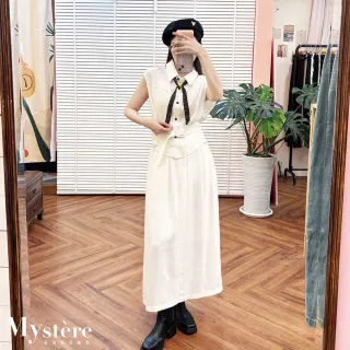 【my stere 我的時尚秘境】領巾束腰兩件式長裙套裝 白色 白色套裝 棉麻套裝 兩件式套裝 襯衫套裝
