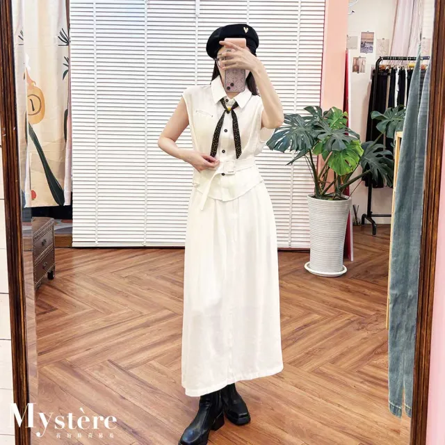 【my stere 我的時尚秘境】雙11 領巾束腰兩件式長裙套裝 白色 白色套裝 棉麻套裝 兩件式套裝 襯