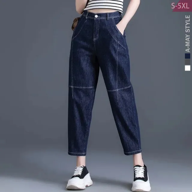 【Amay Style 艾美時尚】夏新品 中大尺碼女裝 男友褲 休閒丹寧拼接九分牛仔褲顯瘦哈倫褲。S-5XL(3色.預購)