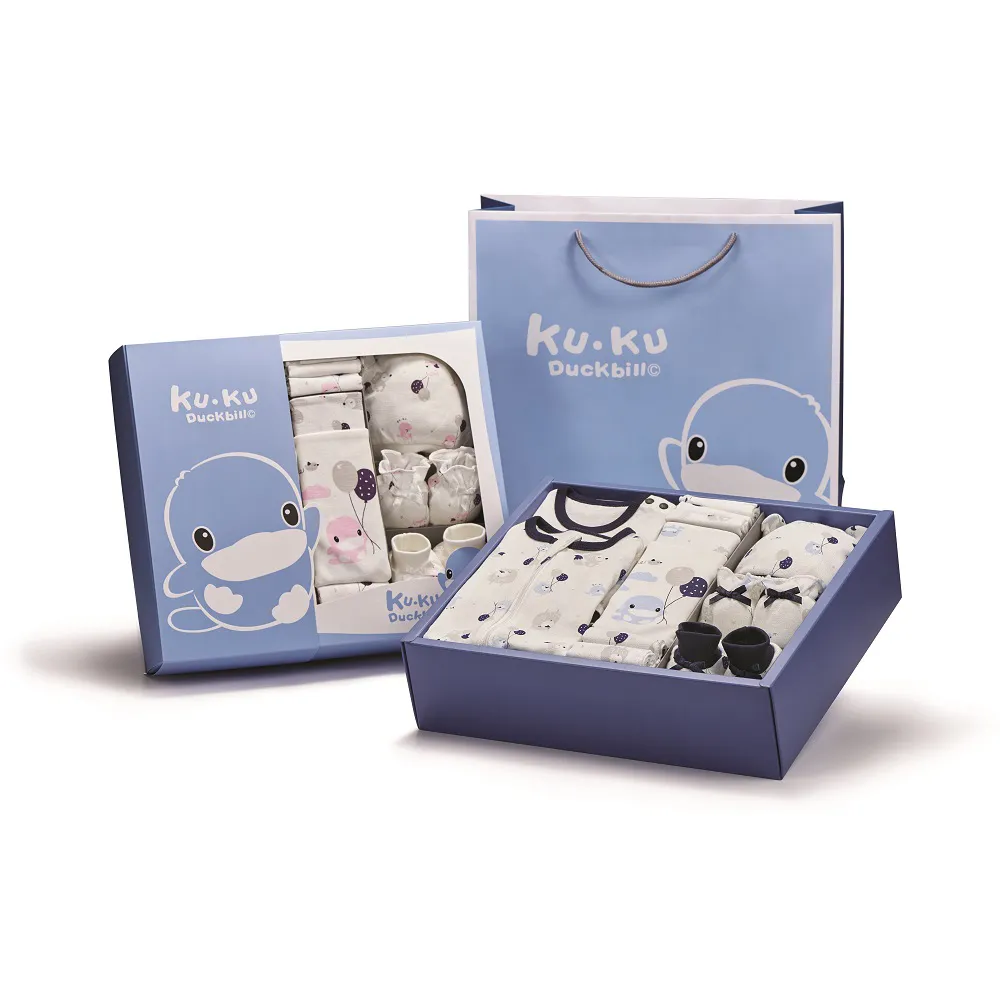 【KU.KU. 酷咕鴨】夢想氣球懶人包巾豪華彌月禮盒16件組(藍/粉)