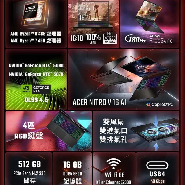 【Acer 宏碁】16吋Ryzen AI 7 RTX5060電競筆電-黑(Nitro V/ANV16-A71-R0P1/R7-450/16G/512GB/RTX5060/W11)