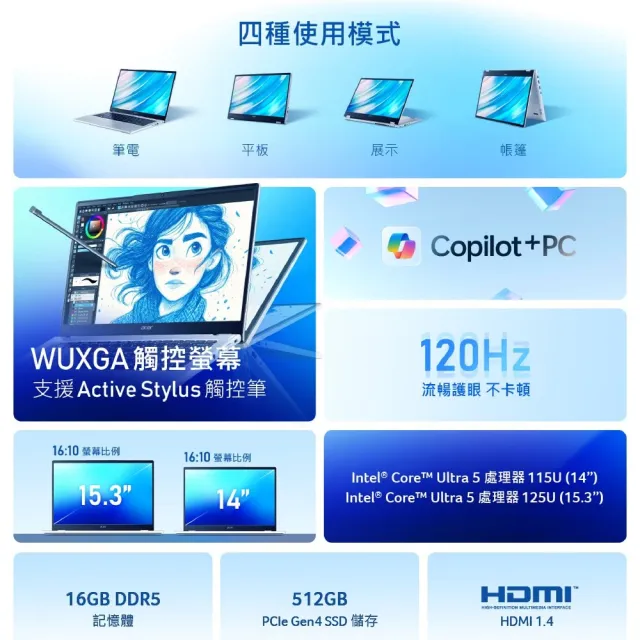 【Acer 宏碁】15吋Ultra 5 AI觸控翻轉筆電(Aspire Spin/ASP15-51N-57Z5/Ultra 5-125U/16G/512G/W11)