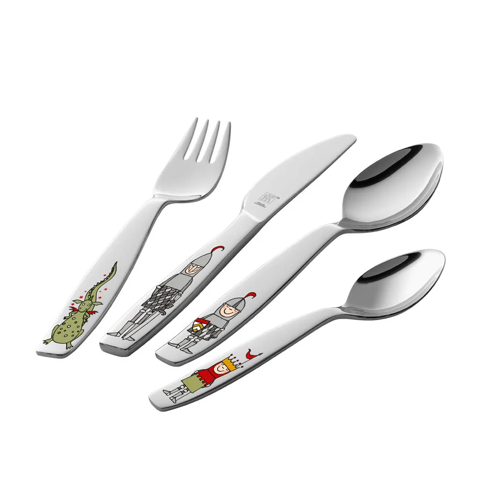 【ZWILLING 德國雙人】不鏽鋼兒童餐具4件組 騎兵恐龍款-安全餐具/湯匙/叉子/餐刀(德國雙人牌集團官方直營)