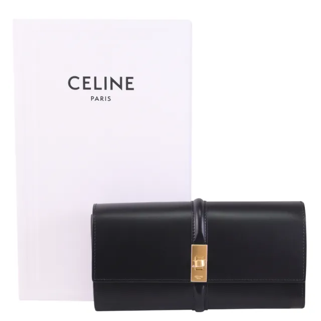 【CELINE】16 簡約金屬LOGO轉扣小牛皮翻蓋多卡零錢長夾(黑)