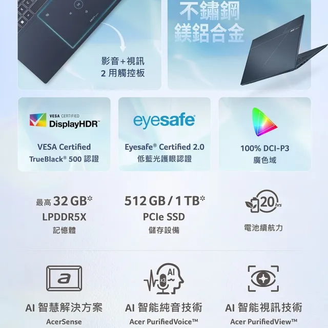 【Acer 宏碁】16吋3K OLED 輕薄AI筆電-冷冽藍(Swift Edge/SFE16-I51-78SZ/Ultra 7-355/32G/1TB/W11)