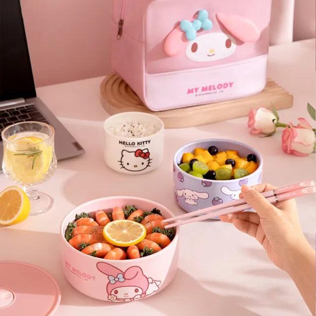 【SANRIO 三麗鷗】美樂蒂大耳狗凱蒂貓陶瓷帶蓋密封保鮮碗(小款 可微波)