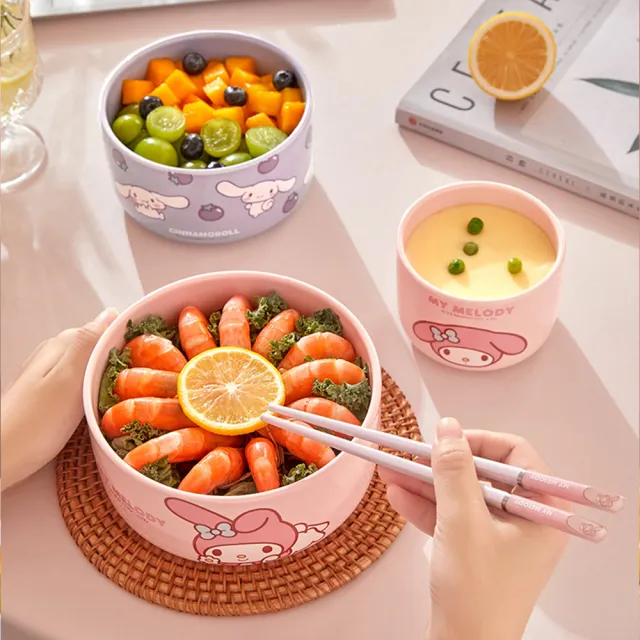 【SANRIO 三麗鷗】美樂蒂大耳狗凱蒂貓陶瓷帶蓋密封保鮮碗(大款 可微波)