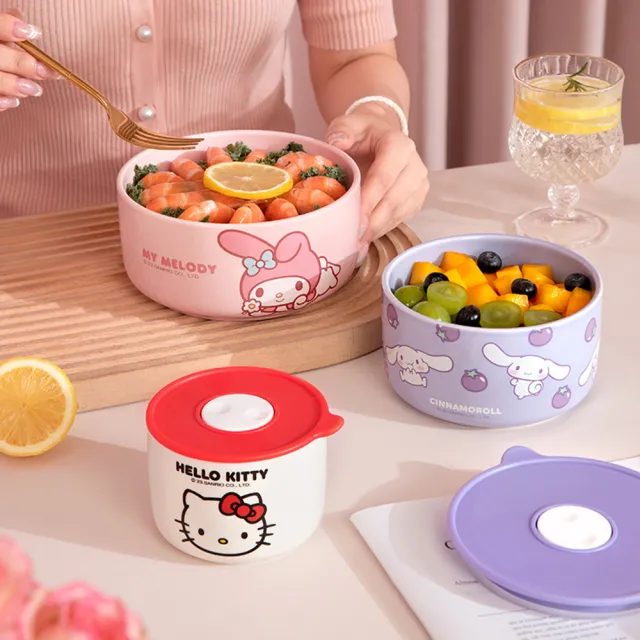 【SANRIO 三麗鷗】美樂蒂大耳狗凱蒂貓陶瓷帶蓋密封保鮮碗(大款 可微波)