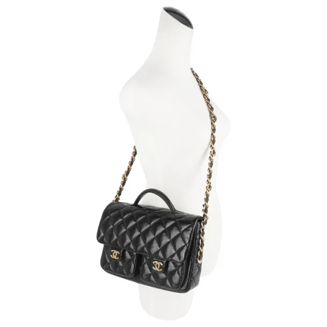 【CHANEL 香奈兒】CC Logo 雙口袋翻蓋手提/斜背二用郵差包_展示品(黑色)
