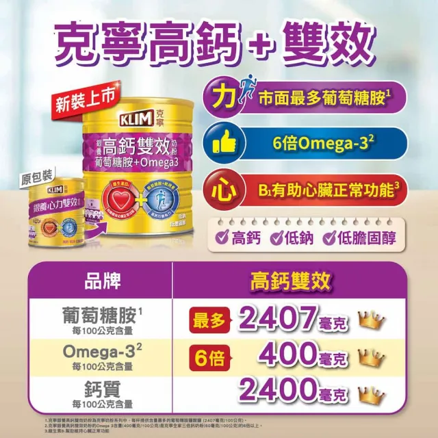 【KLIM 克寧】銀養高鈣雙效配方奶粉 1.5kg x2 罐(葡萄糖胺/omega3/免運)