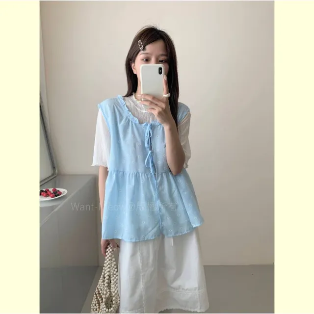【Want-Meow】90公斤可穿/日系大胸可質感寬肩帶小花透膚綁帶雪紡背心(大碼上衣/大碼/大尺碼/綁帶背心)