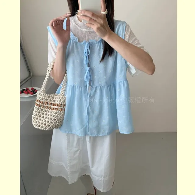 【Want-Meow】90公斤可穿/日系大胸可質感寬肩帶小花透膚綁帶雪紡背心(大碼上衣/大碼/大尺碼/綁帶背心)